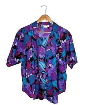 Caribou Button Up Hawaiian Size 12 Woman's Y2K Blue Purple Black Cotton Blend